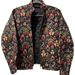 NEW EMILY LOVELOCK Chelsea Quilted Bomber Jacket Black Vibrant 70s Print XS $230